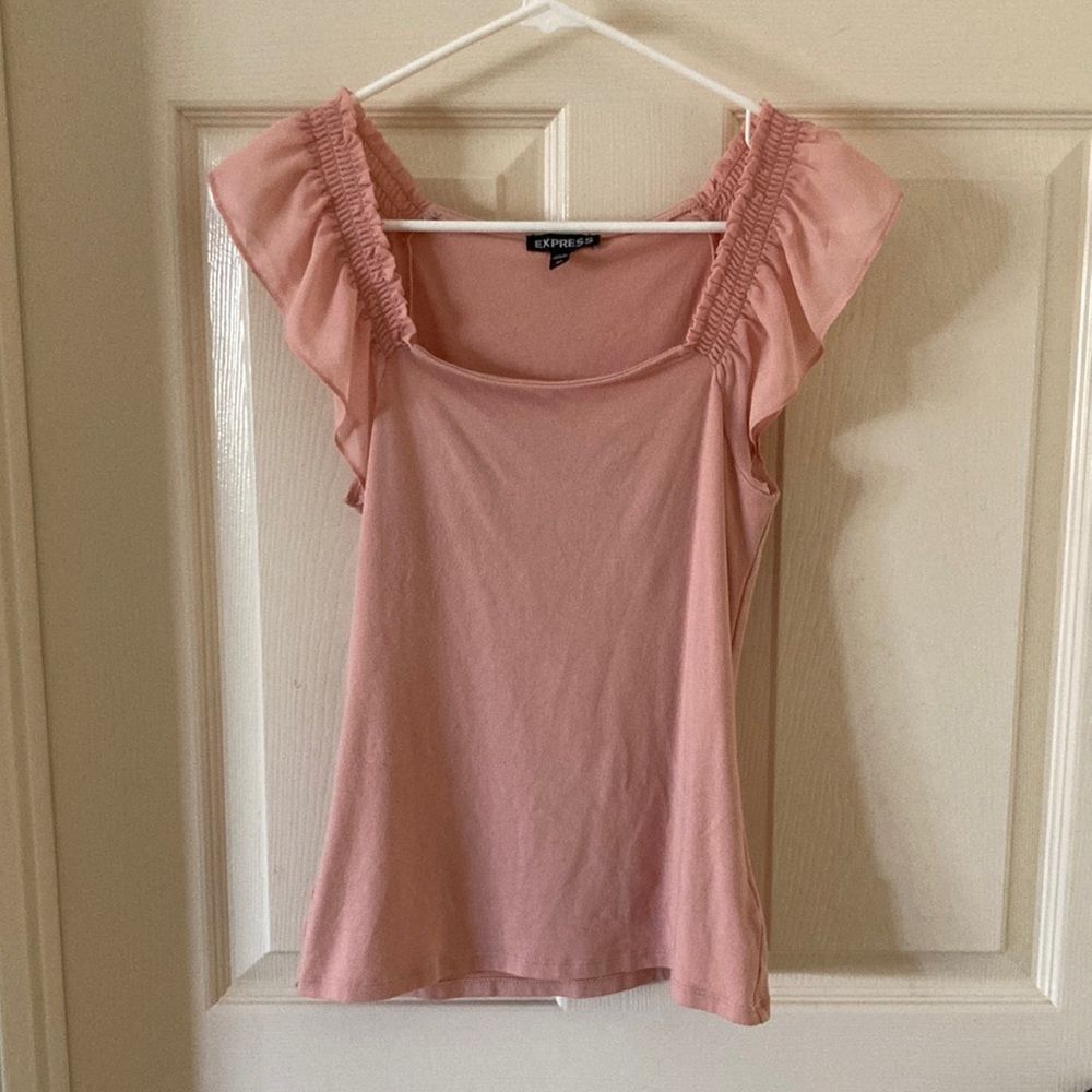 EXPRESS Flutter Sleeve Bodycon Skimming Blouse Pink Ruffled Sleeves Top Size XS